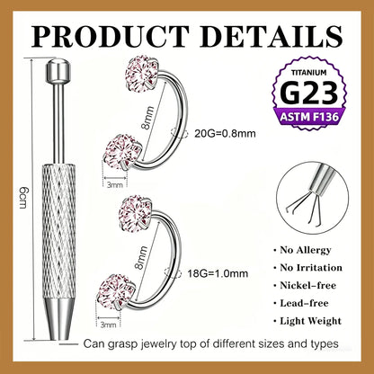 20G(0.8Mm)/18G(1.0Mm) 8Mm Horseshoe Nose Hoop Internally Threaded Gems Nose Ring with Free Ball Holder | Caution: Avoid Overtightening; Pre-Tighten with Provided Tool Then Complete Tightening by Hand