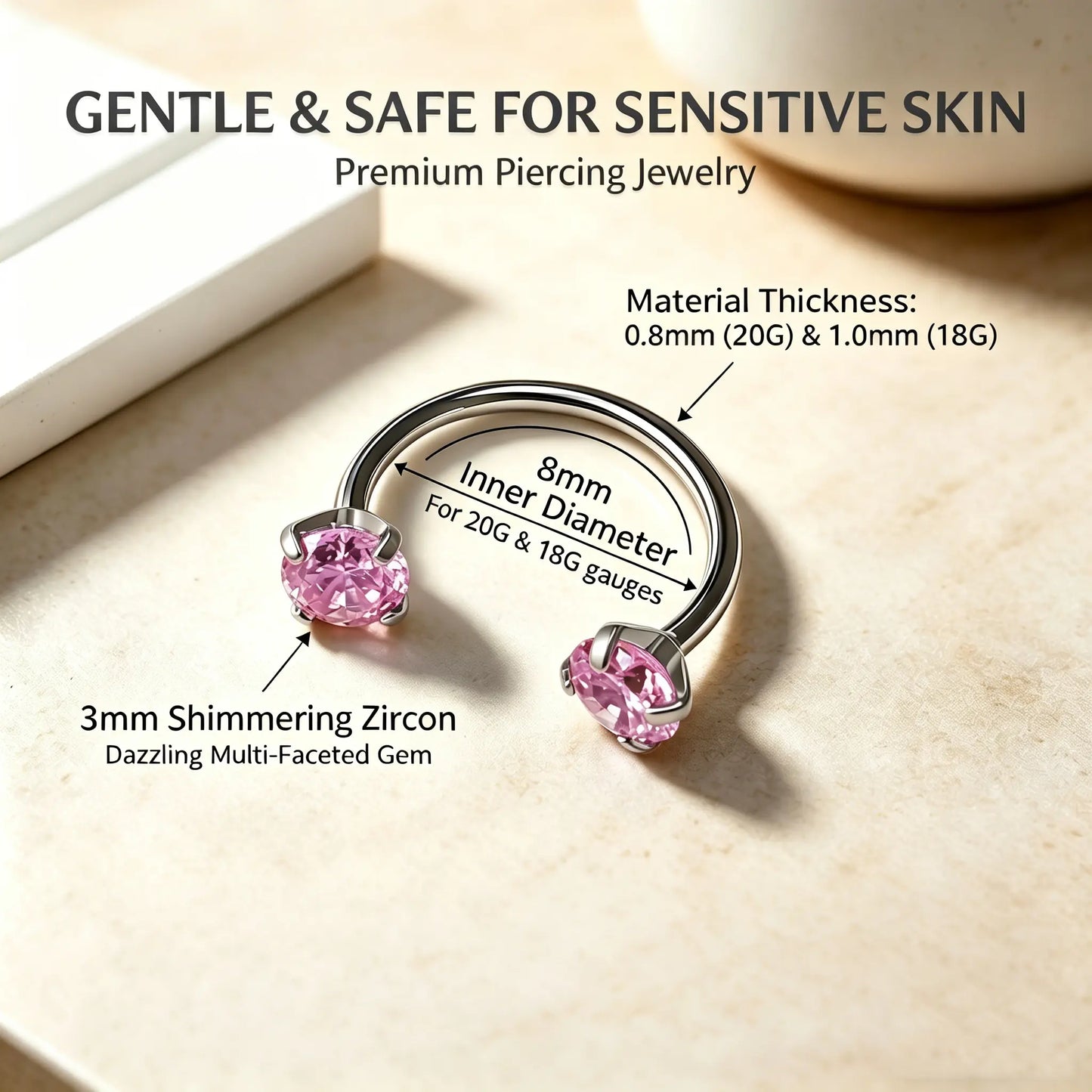 20G(0.8Mm)/18G(1.0Mm) 8Mm Horseshoe Nose Hoop Internally Threaded Gems Nose Ring with Free Ball Holder | Caution: Avoid Overtightening; Pre-Tighten with Provided Tool Then Complete Tightening by Hand